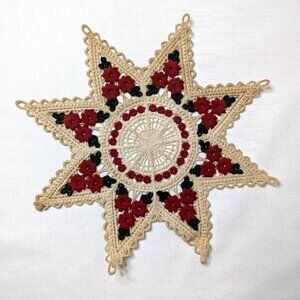 Vintage 8 Point Star Lace Christmas Doily Decoration Starched Beige Red Green